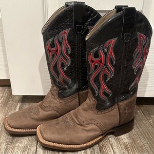 Old West Boys Black Brown and Red Leather Flame western cowboy boots size 6
